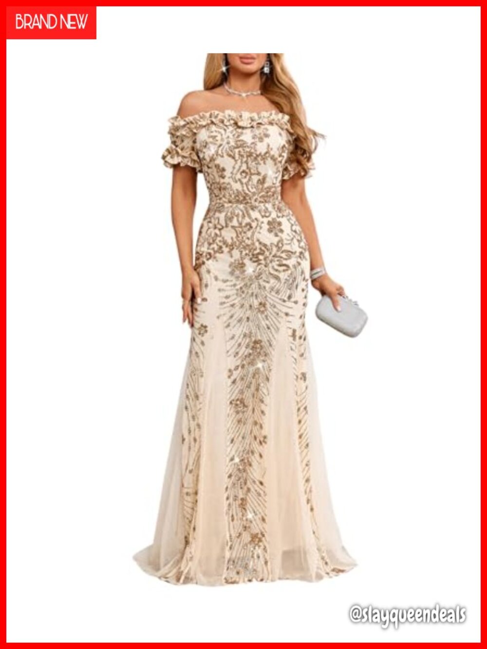 Sequin Formal Evening Gown Off Shoulder Ruffle Sleeve Mesh Prom Dress